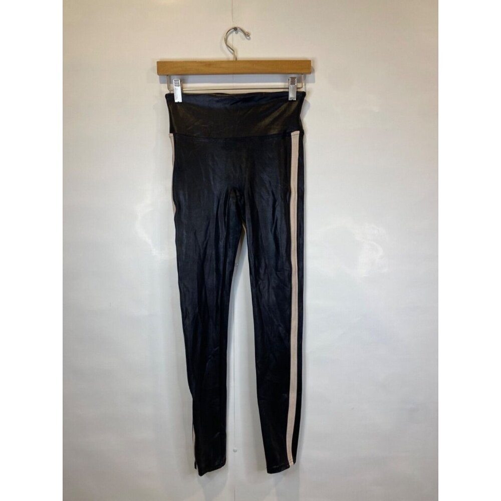 SPANX Small Faux Leather Leggings Black Tan Stripe Full Length GUC